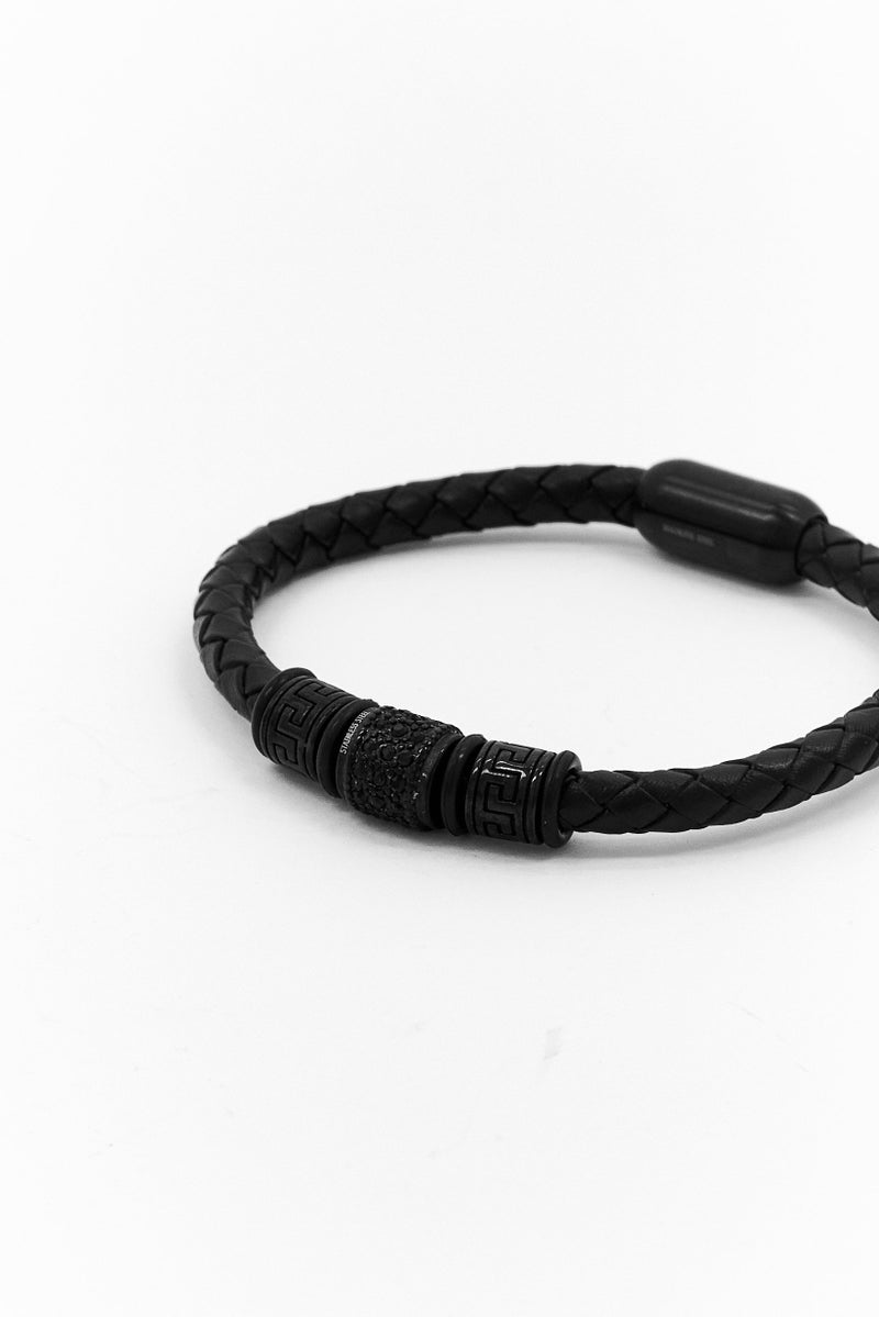 Steeltime Men Braided Leather Simulated Diamonds Accents Bracelet, Black - Image 3